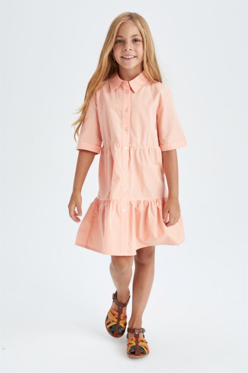 GIRLS & TEENS Light Coral Girl Shirt Collar Short Sleeve Poplin Dress