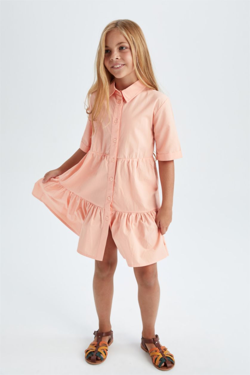 GIRLS & TEENS Light Coral Girl Shirt Collar Short Sleeve Poplin Dress