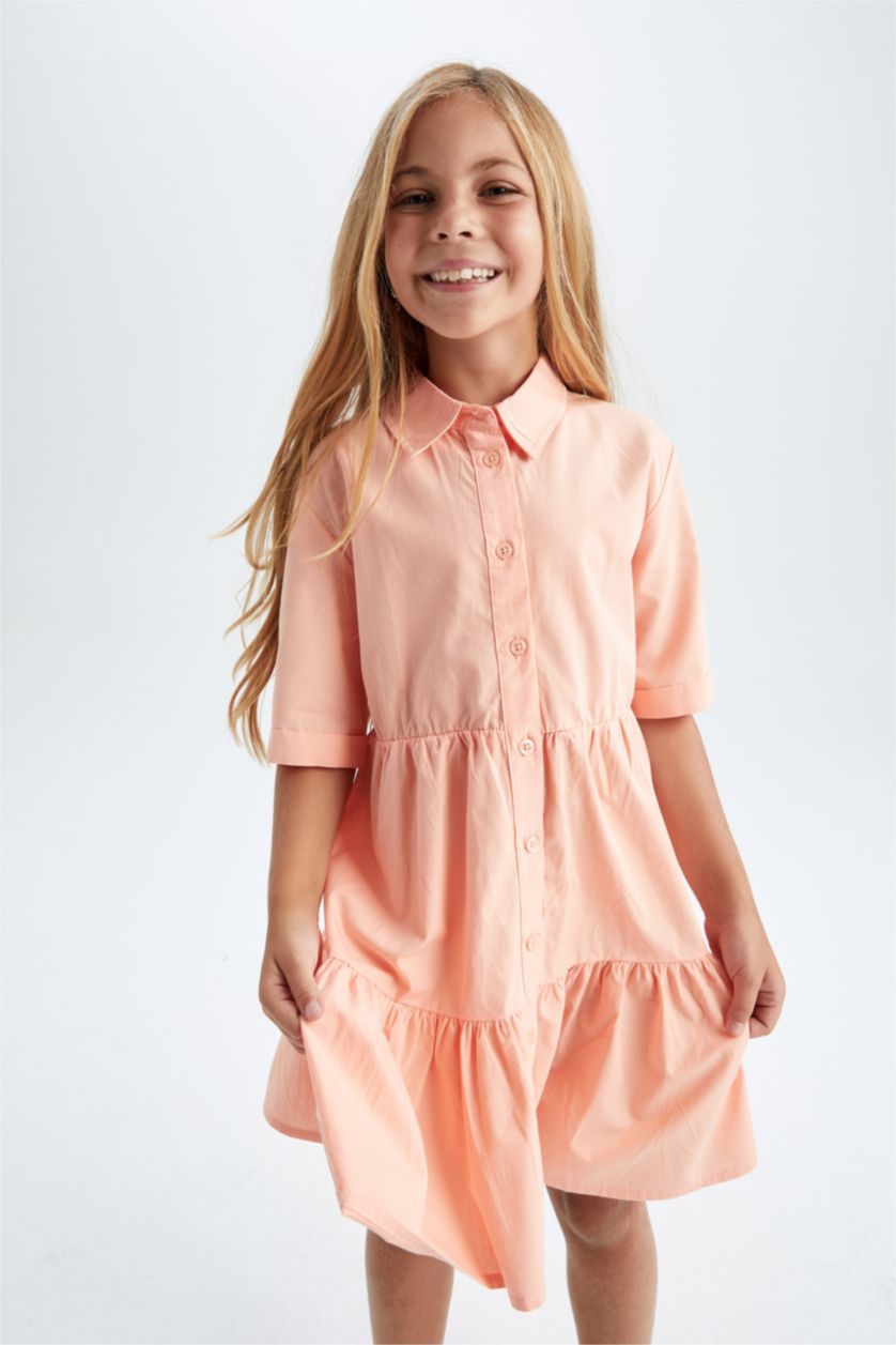 GIRLS & TEENS Light Coral Girl Shirt Collar Short Sleeve Poplin Dress