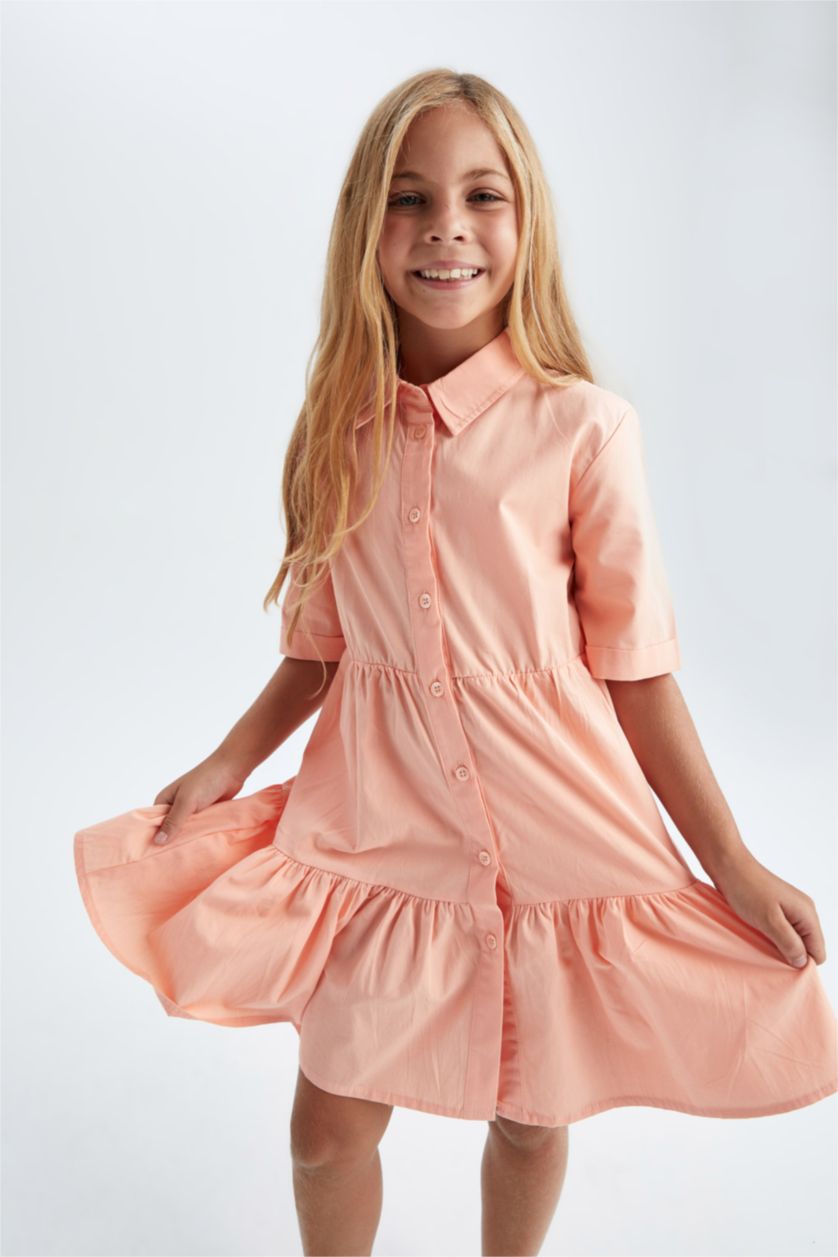 GIRLS & TEENS Light Coral Girl Shirt Collar Short Sleeve Poplin Dress