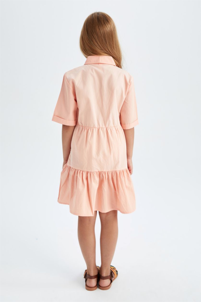 GIRLS & TEENS Light Coral Girl Shirt Collar Short Sleeve Poplin Dress