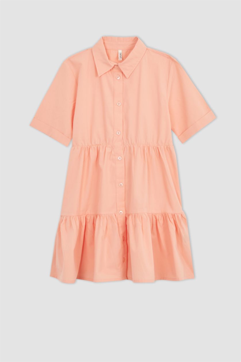 GIRLS & TEENS Light Coral Girl Shirt Collar Short Sleeve Poplin Dress