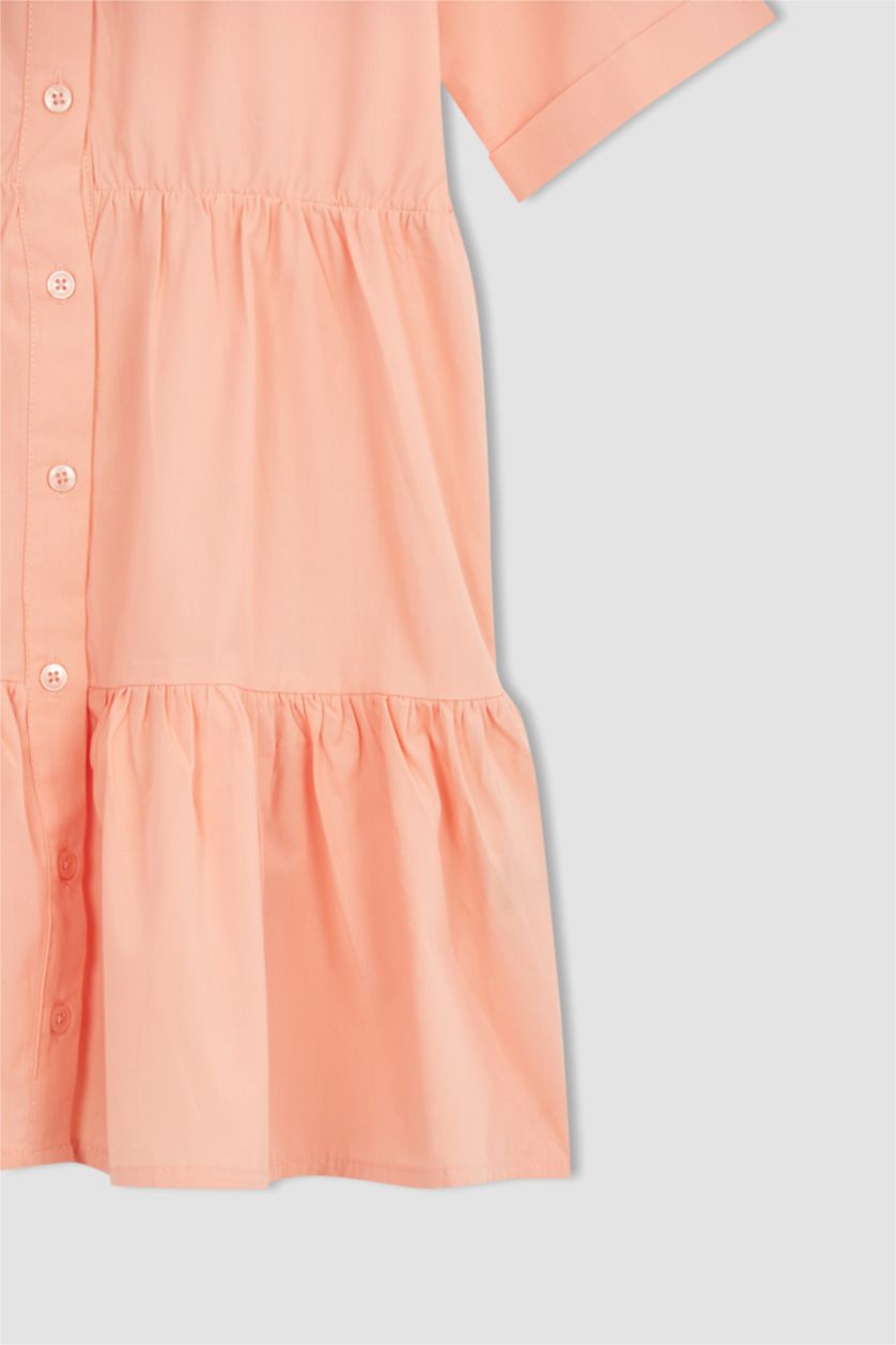 GIRLS & TEENS Light Coral Girl Shirt Collar Short Sleeve Poplin Dress