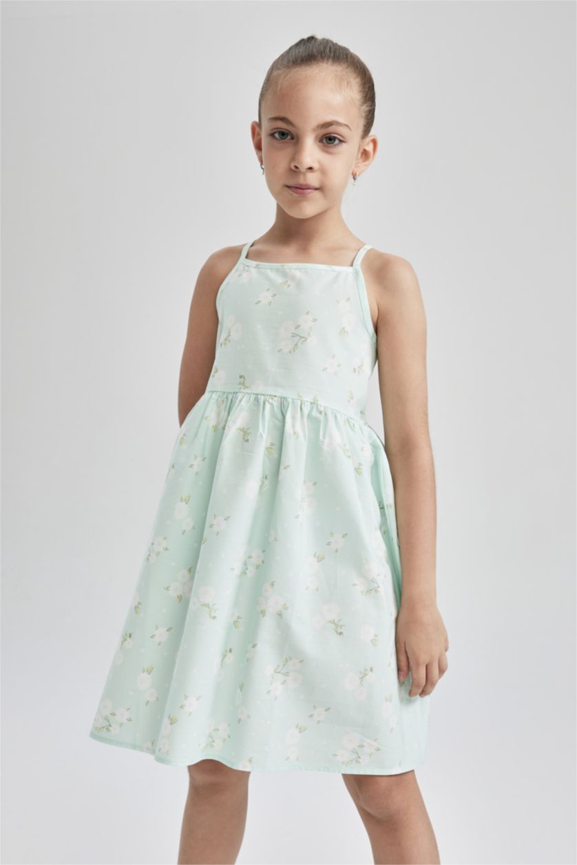FILLES Turquoise Robe d'été en popeline à bretelles à motifs coupe régulière pour fille