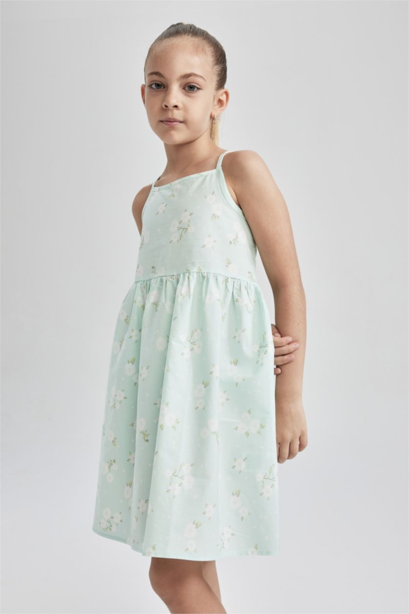 FILLES Turquoise Robe d'été en popeline à bretelles à motifs coupe régulière pour fille
