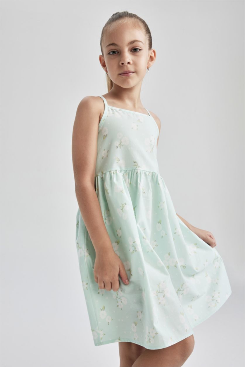 FILLES Turquoise Robe d'été en popeline à bretelles à motifs coupe régulière pour fille