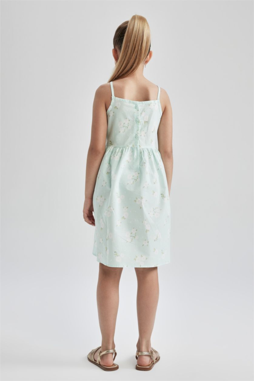 FILLES Turquoise Robe d'été en popeline à bretelles à motifs coupe régulière pour fille