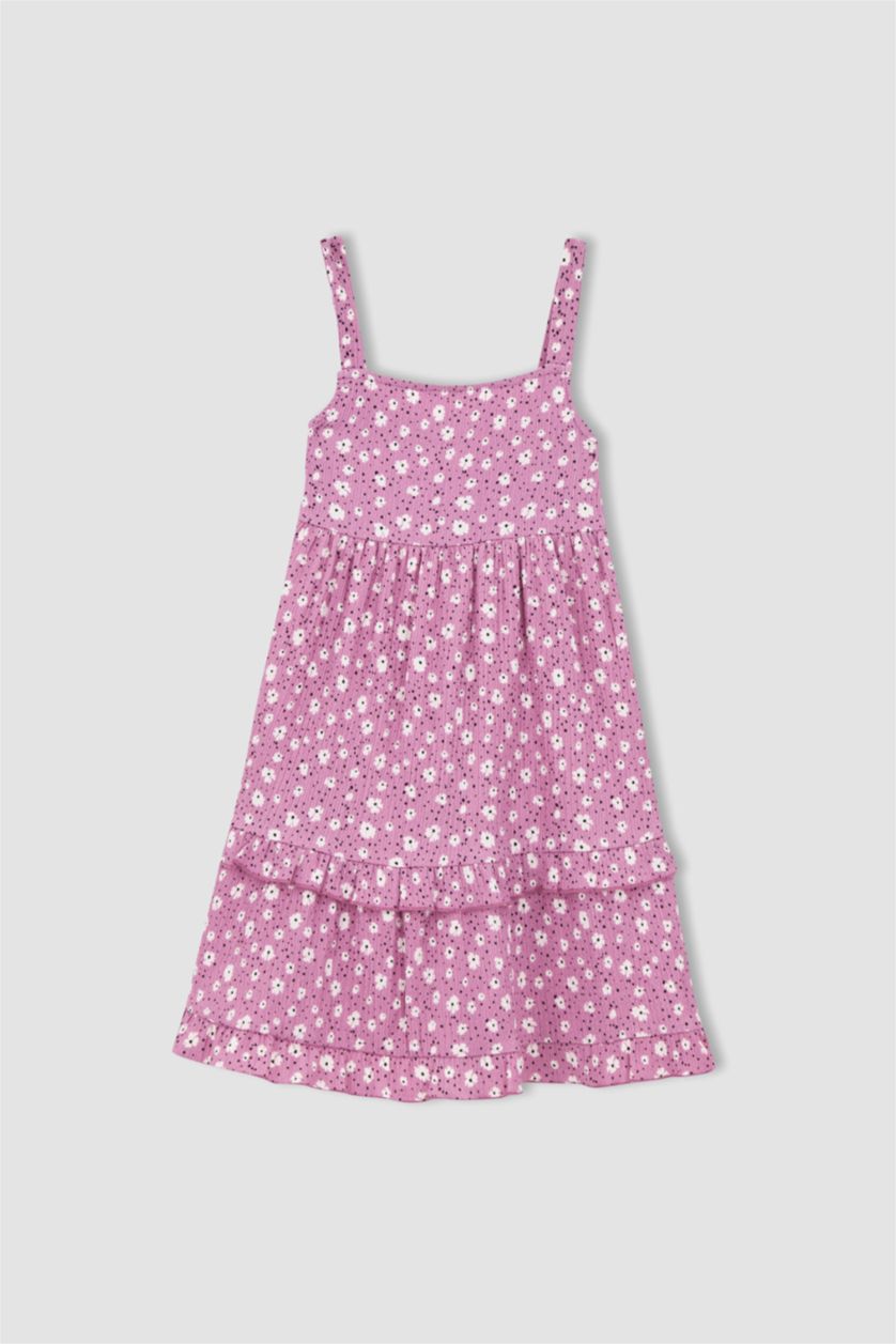 بناتي أرجواني فستان بناتي مكشكش بحمالات بياقة مربعة