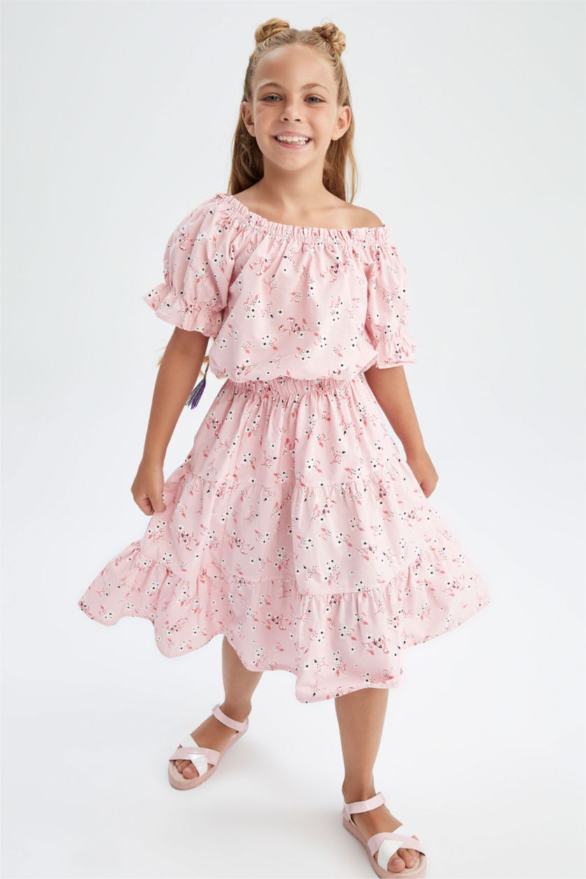 Kız Çocuk - Genç Kız Açık Pembe Kız Çocuk Desenli Kısa Kollu Crop Bluz Etek 2'li Takım