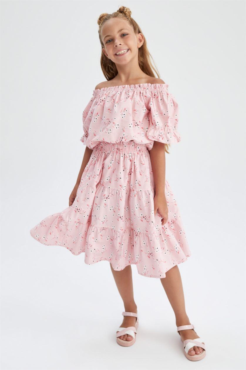 Kız Çocuk - Genç Kız Açık Pembe Kız Çocuk Desenli Kısa Kollu Crop Bluz Etek 2'li Takım