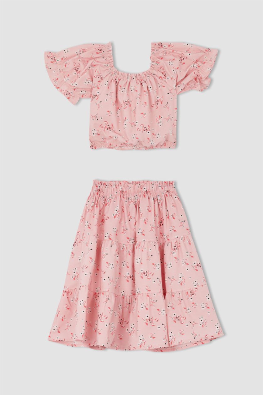 Kız Çocuk - Genç Kız Açık Pembe Kız Çocuk Desenli Kısa Kollu Crop Bluz Etek 2'li Takım