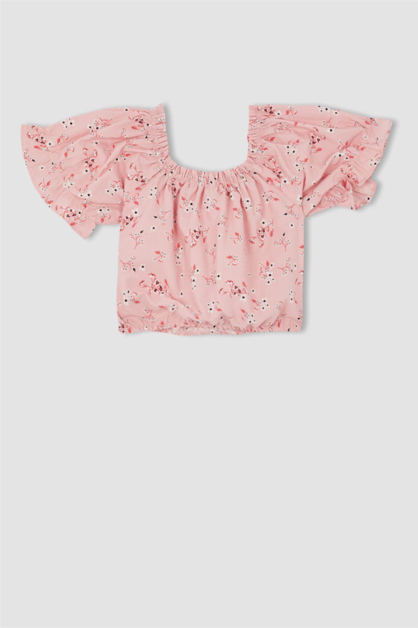 Kız Çocuk - Genç Kız Açık Pembe Kız Çocuk Desenli Kısa Kollu Crop Bluz Etek 2'li Takım