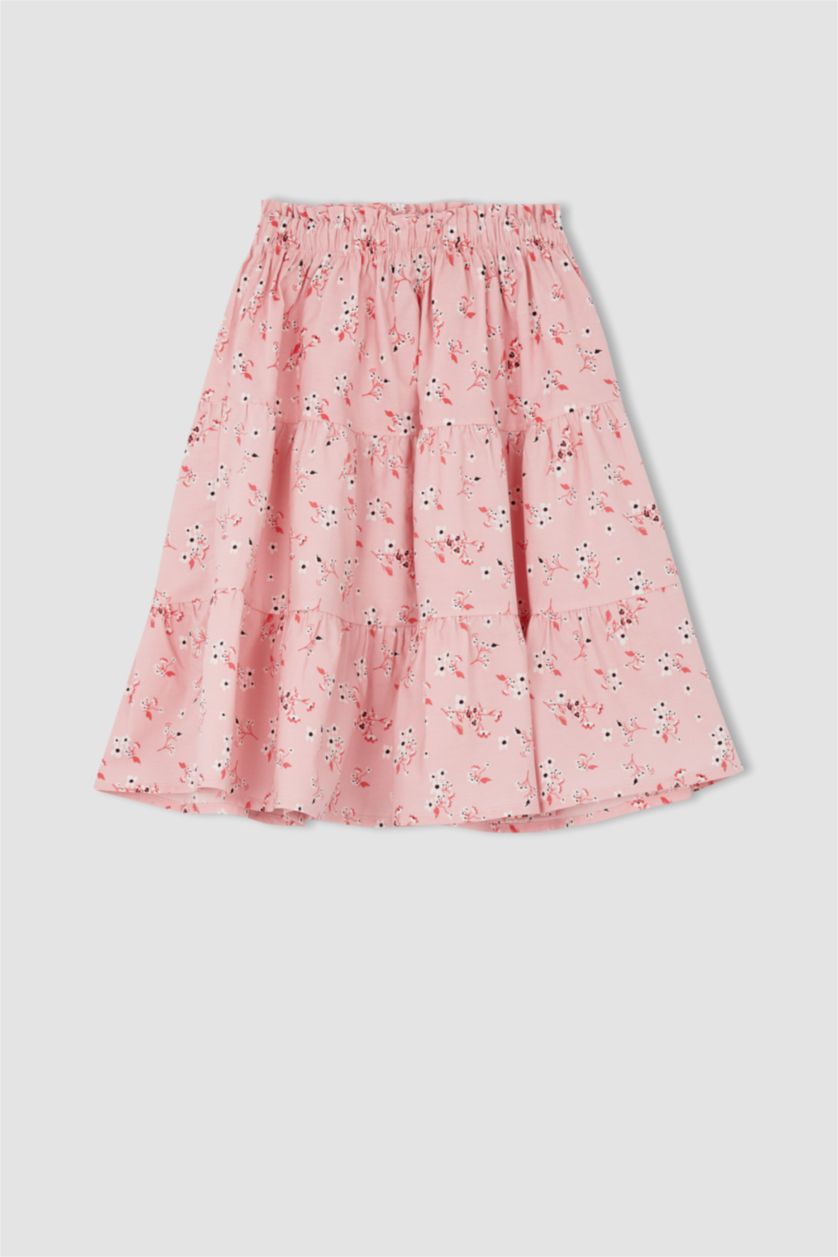 Kız Çocuk - Genç Kız Açık Pembe Kız Çocuk Desenli Kısa Kollu Crop Bluz Etek 2'li Takım