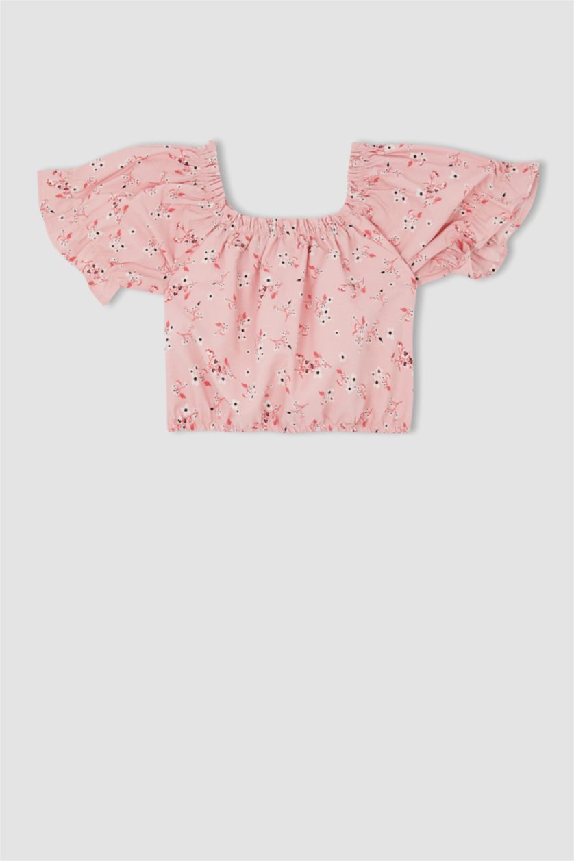 Kız Çocuk - Genç Kız Açık Pembe Kız Çocuk Desenli Kısa Kollu Crop Bluz Etek 2'li Takım