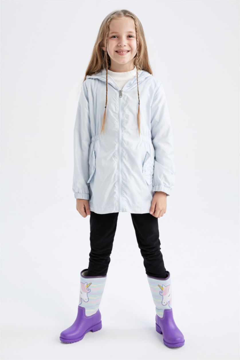 بنات أزرق فاتح معطف مطري بغطاء للرأس