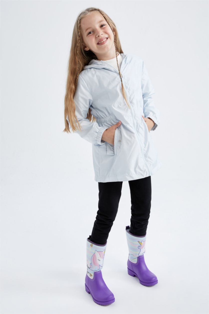 بنات أزرق فاتح معطف مطري بغطاء للرأس