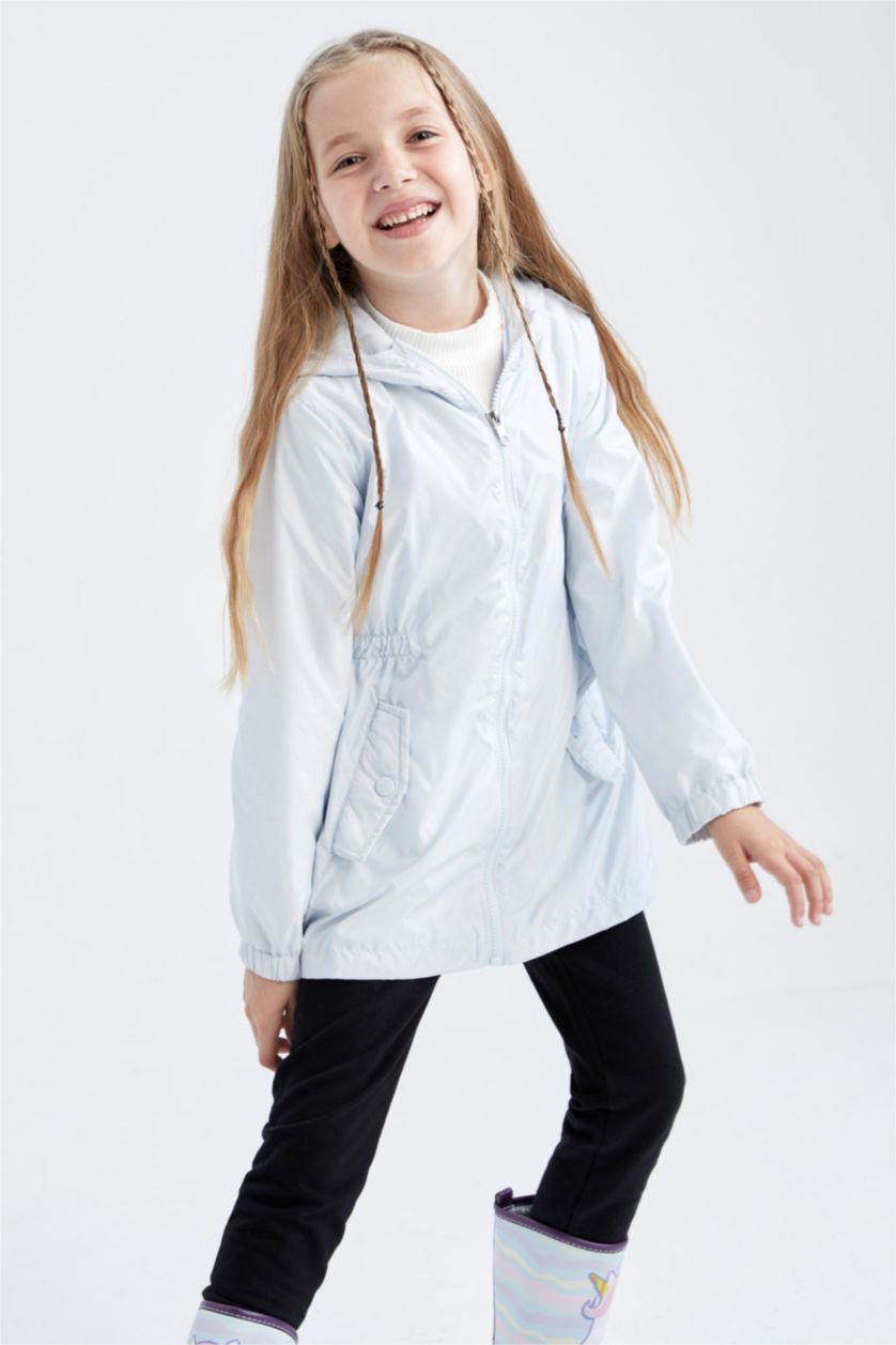 بنات أزرق فاتح معطف مطري بغطاء للرأس