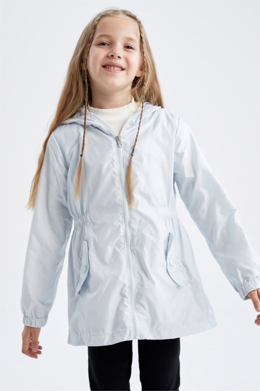 بنات أزرق فاتح معطف مطري بغطاء للرأس