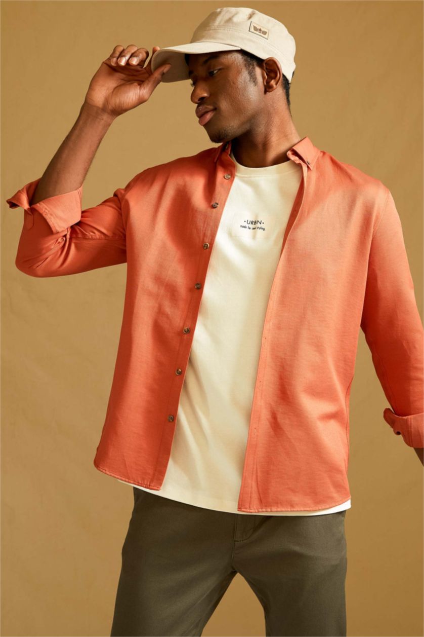 HOMME Orange Chemise Slim en Coton à manches longues et à col polo