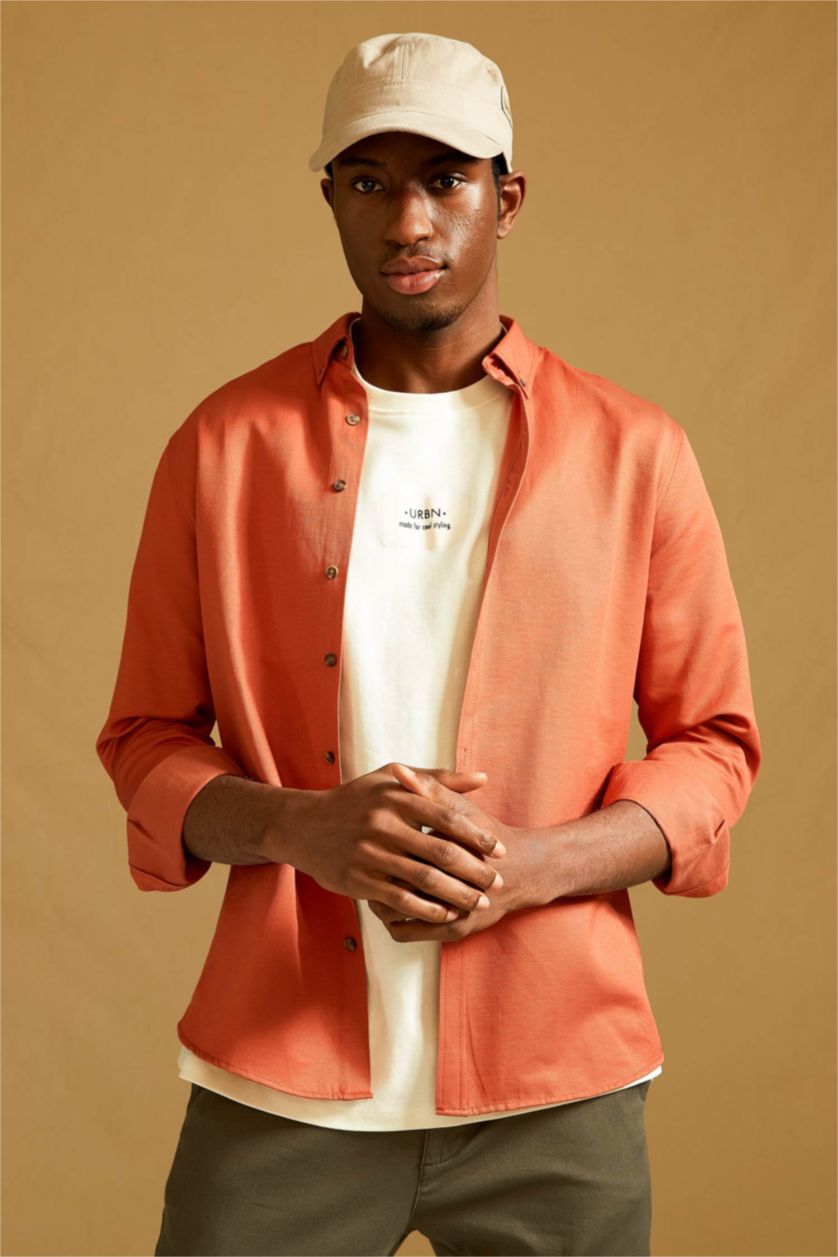 HOMME Orange Chemise Slim en Coton à manches longues et à col polo