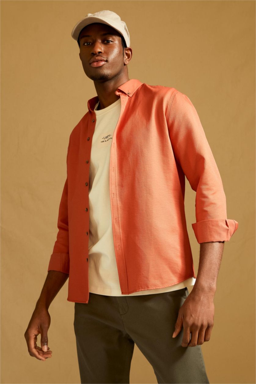 HOMME Orange Chemise Slim en Coton à manches longues et à col polo