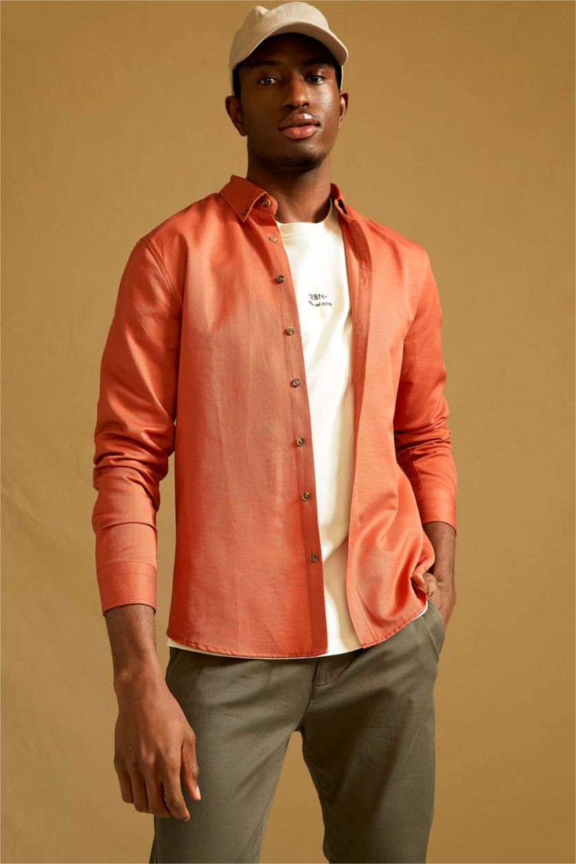 HOMME Orange Chemise Slim en Coton à manches longues et à col polo