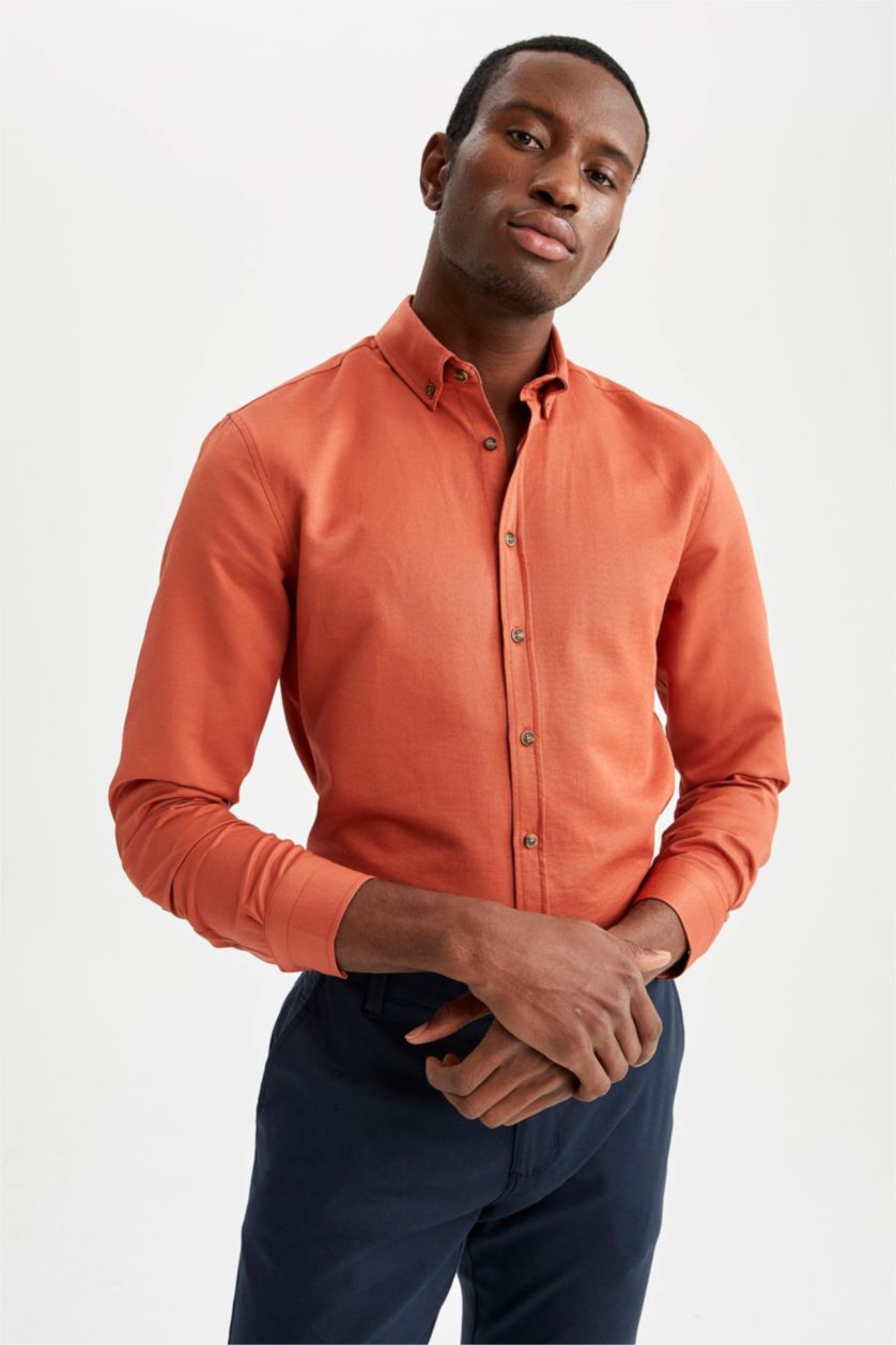 HOMME Orange Chemise Slim en Coton à manches longues et à col polo