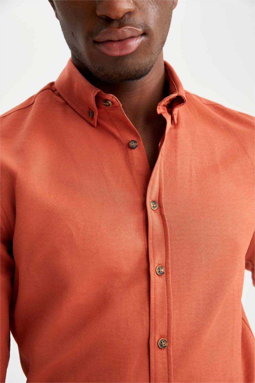 HOMME Orange Chemise Slim en Coton à manches longues et à col polo