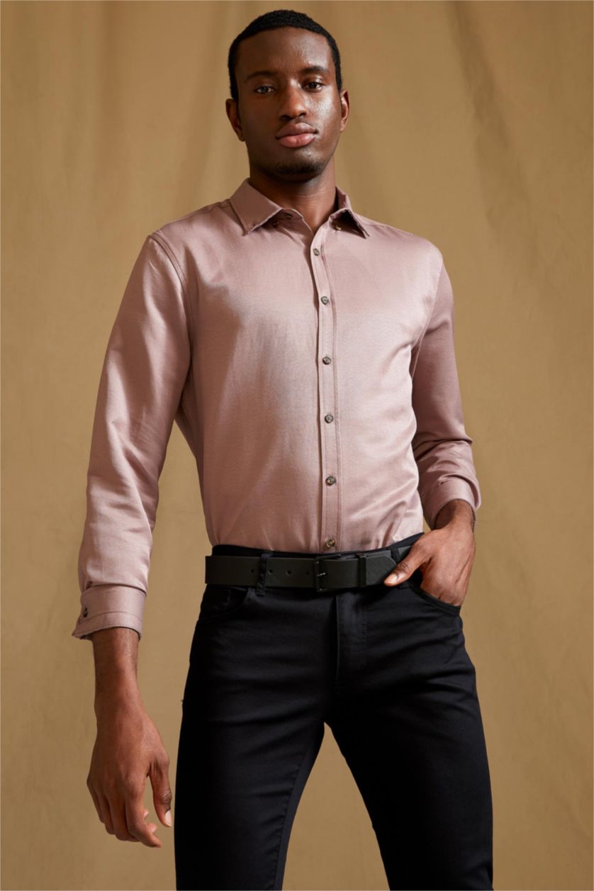 HOMME Bordeaux Chemise Slim en Coton à manches longues et à col polo