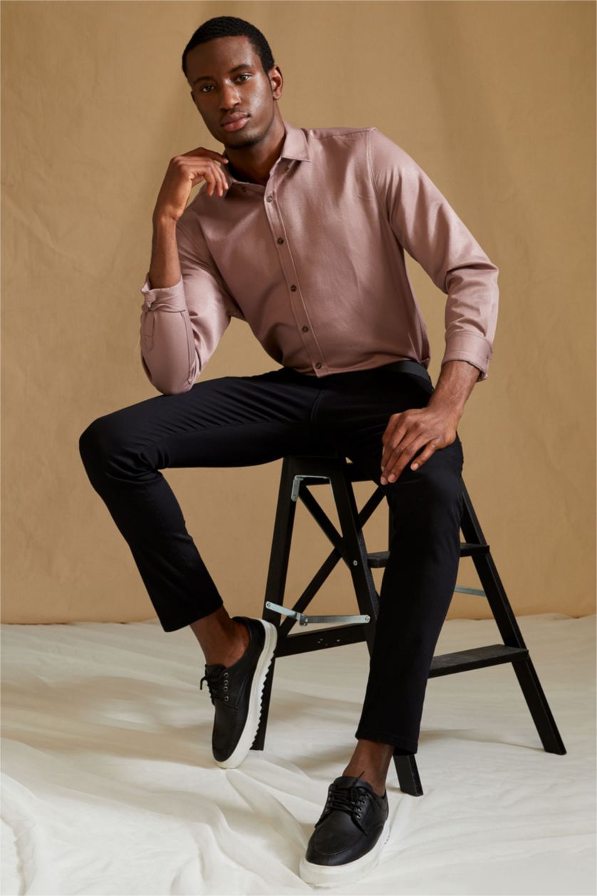 HOMME Bordeaux Chemise Slim en Coton à manches longues et à col polo