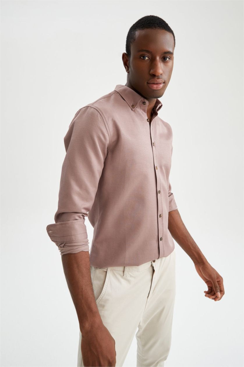 HOMME Bordeaux Chemise Slim en Coton à manches longues et à col polo