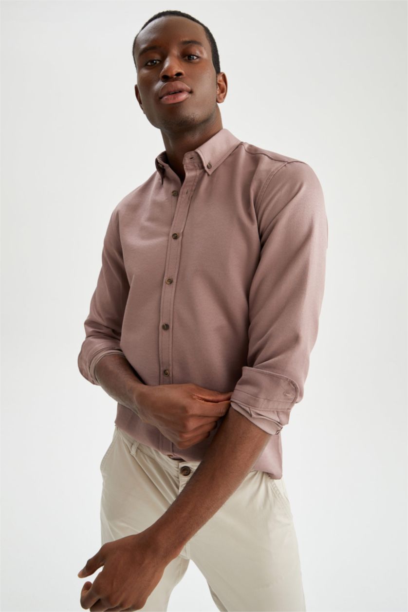 HOMME Bordeaux Chemise Slim en Coton à manches longues et à col polo