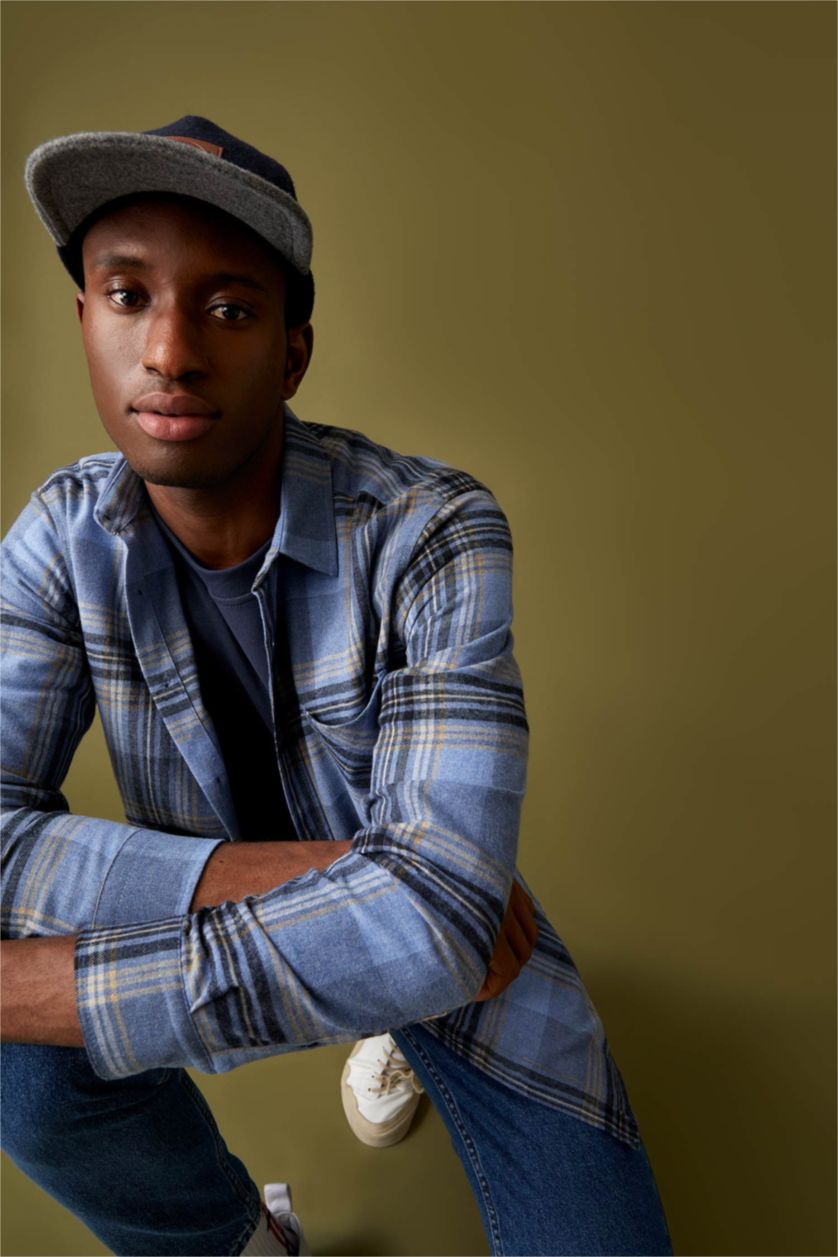 Erkek Mavi Modern Fıt Polo Yaka Uzun Kollu Gömlek