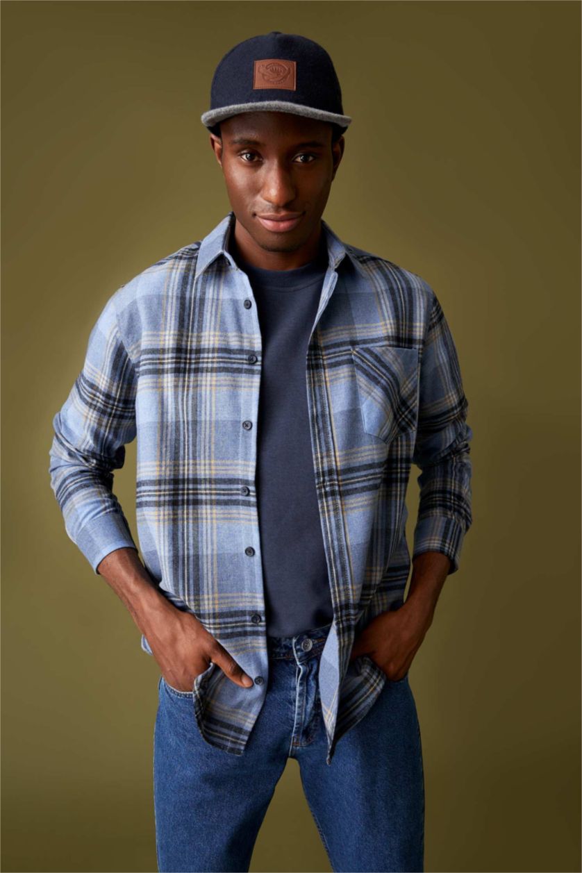 Erkek Mavi Modern Fıt Polo Yaka Uzun Kollu Gömlek