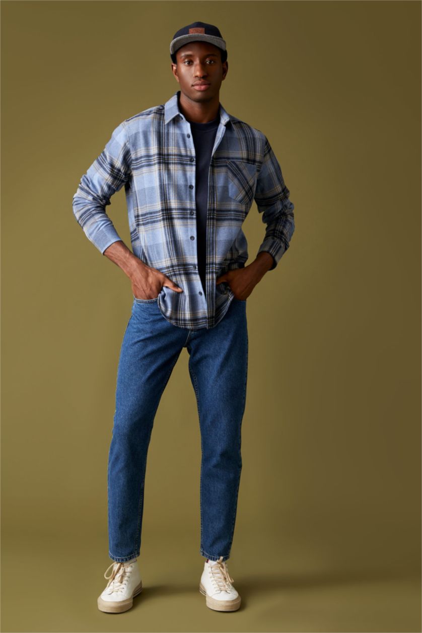 Erkek Mavi Modern Fıt Polo Yaka Uzun Kollu Gömlek