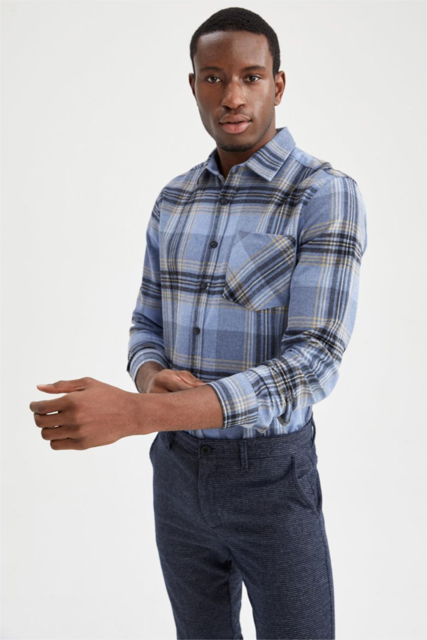 Erkek Mavi Modern Fıt Polo Yaka Uzun Kollu Gömlek