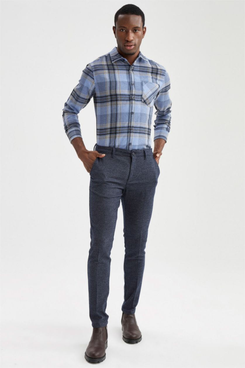 Erkek Mavi Modern Fıt Polo Yaka Uzun Kollu Gömlek