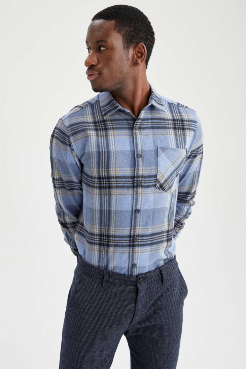 Erkek Mavi Modern Fıt Polo Yaka Uzun Kollu Gömlek