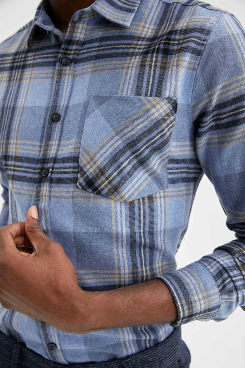 Erkek Mavi Modern Fıt Polo Yaka Uzun Kollu Gömlek