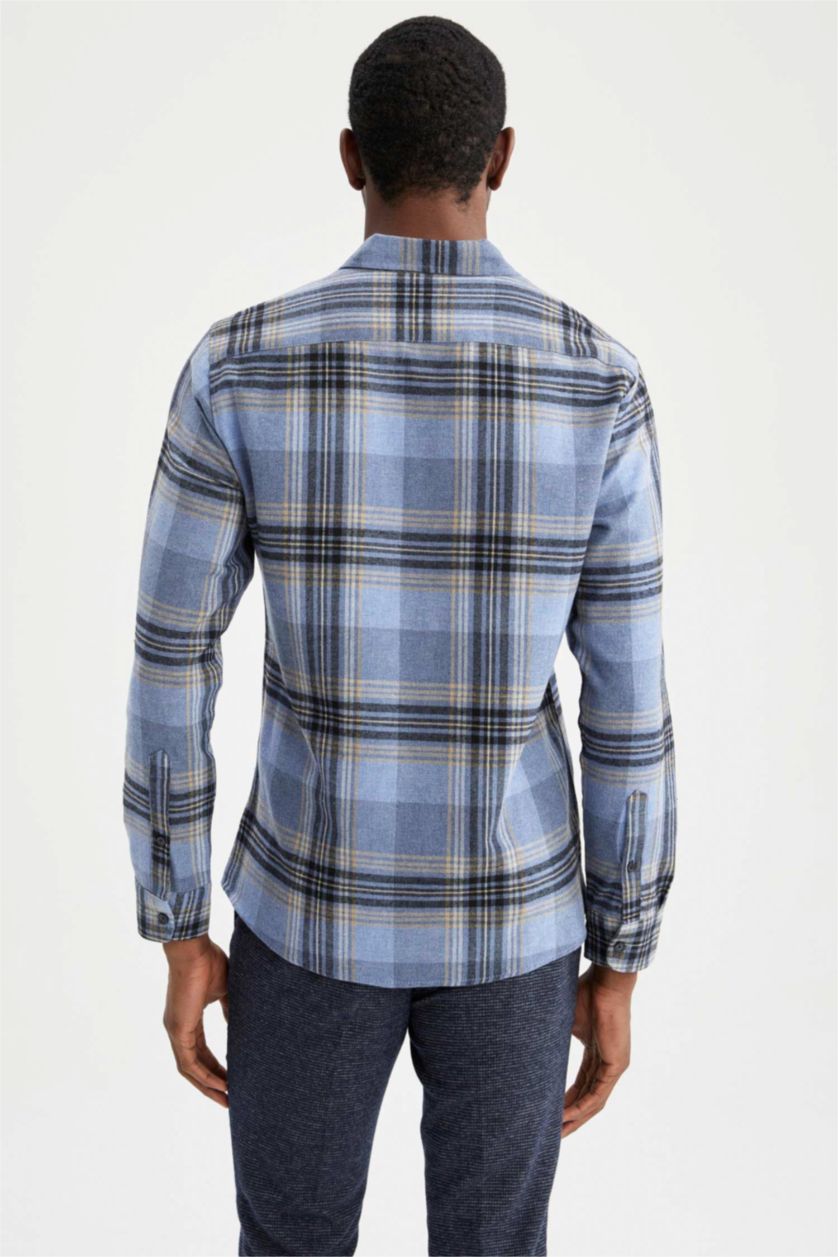 Erkek Mavi Modern Fıt Polo Yaka Uzun Kollu Gömlek