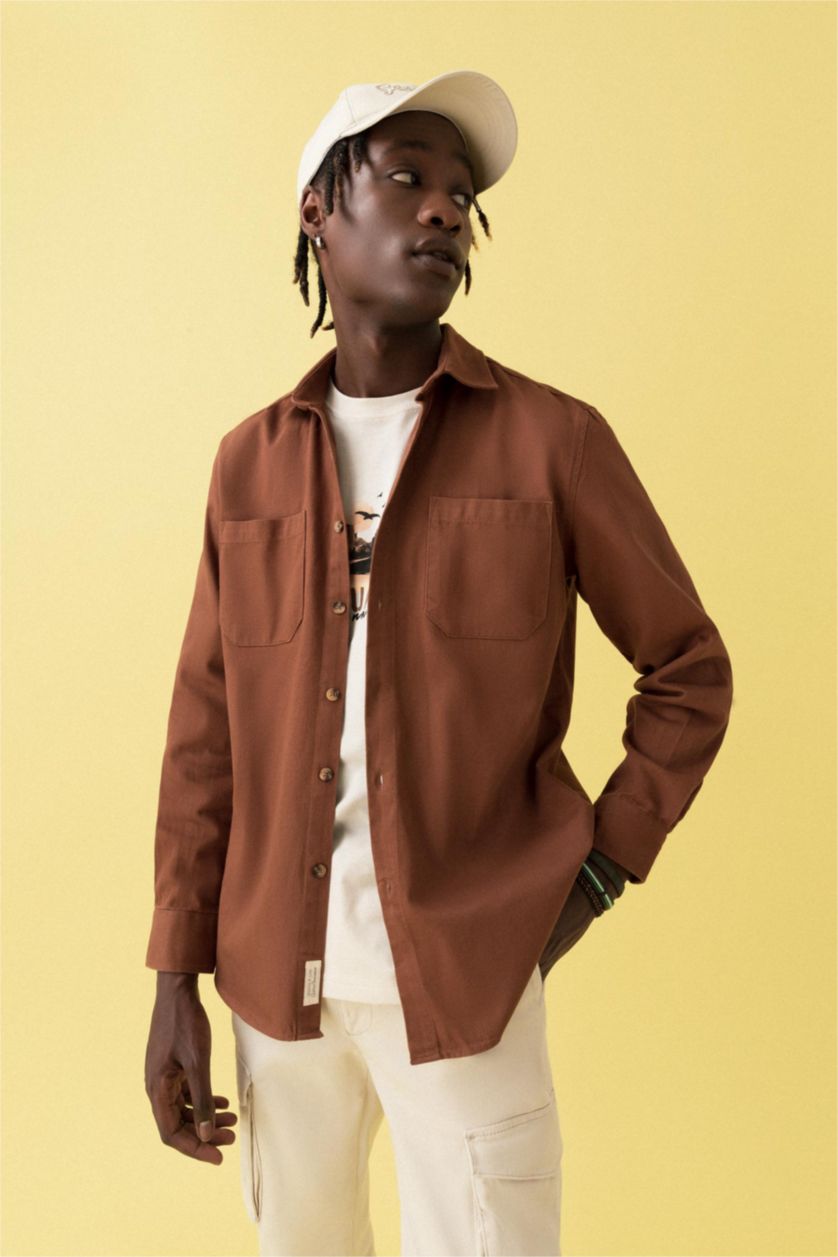 Man Light Brown Regular Fit Long Sleeve Shirt