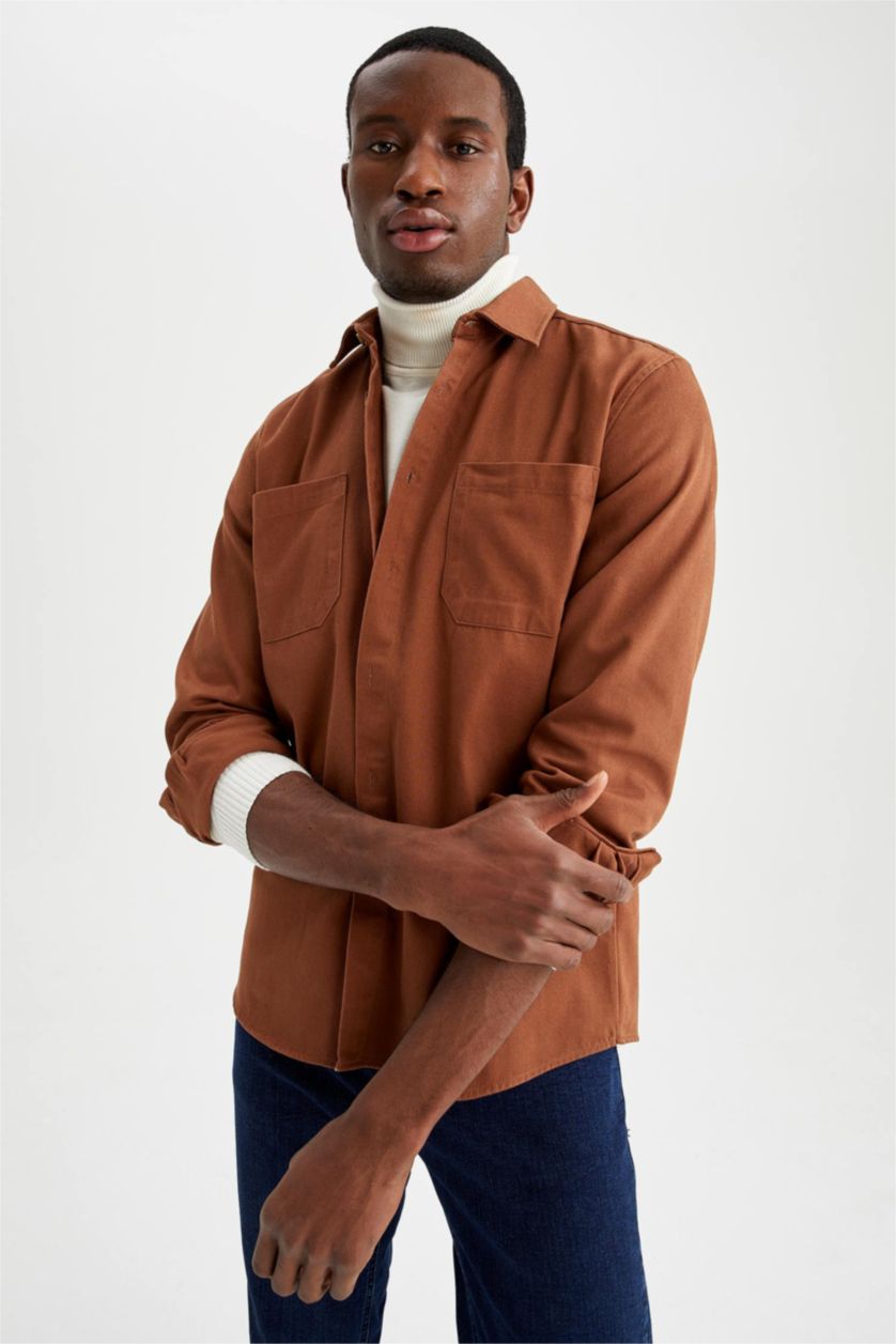 Man Light Brown Regular Fit Long Sleeve Shirt