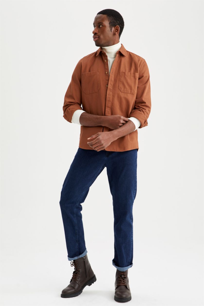 Man Light Brown Regular Fit Long Sleeve Shirt