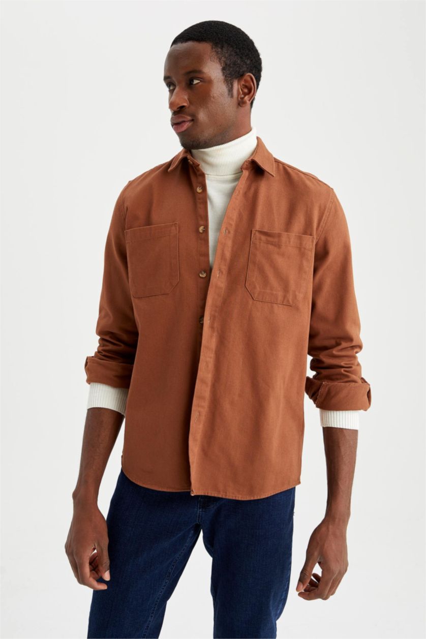 Man Light Brown Regular Fit Long Sleeve Shirt