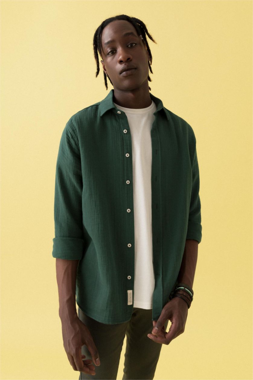 رجالي أخضر غامق Modern Fit Long Sleeve Shirt