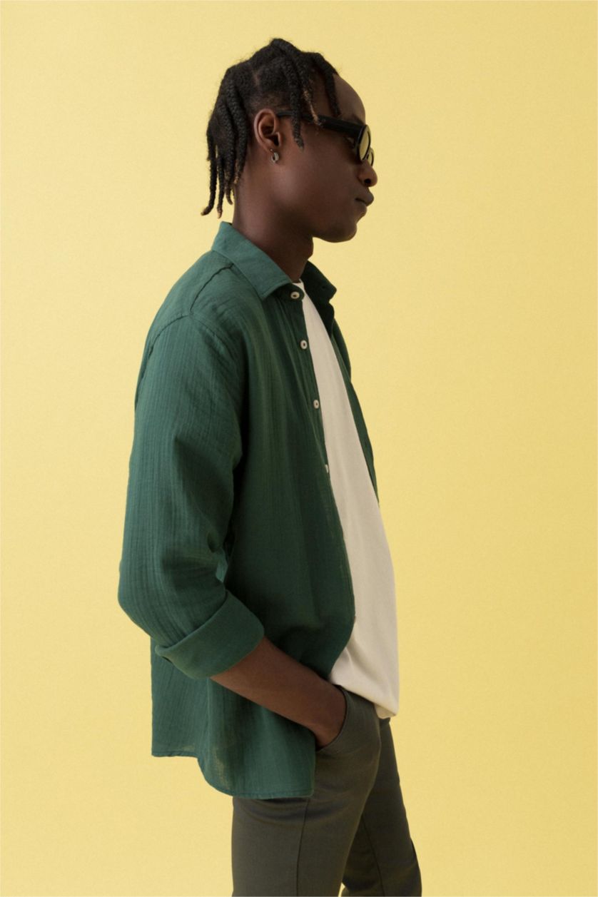 رجالي أخضر غامق Modern Fit Long Sleeve Shirt