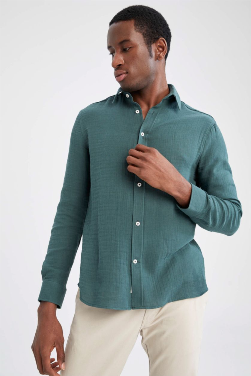 رجالي أخضر غامق Modern Fit Long Sleeve Shirt