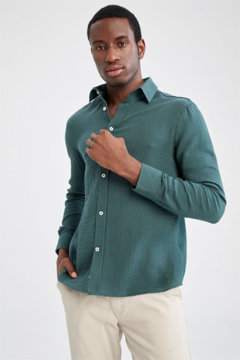 رجالي أخضر غامق Modern Fit Long Sleeve Shirt