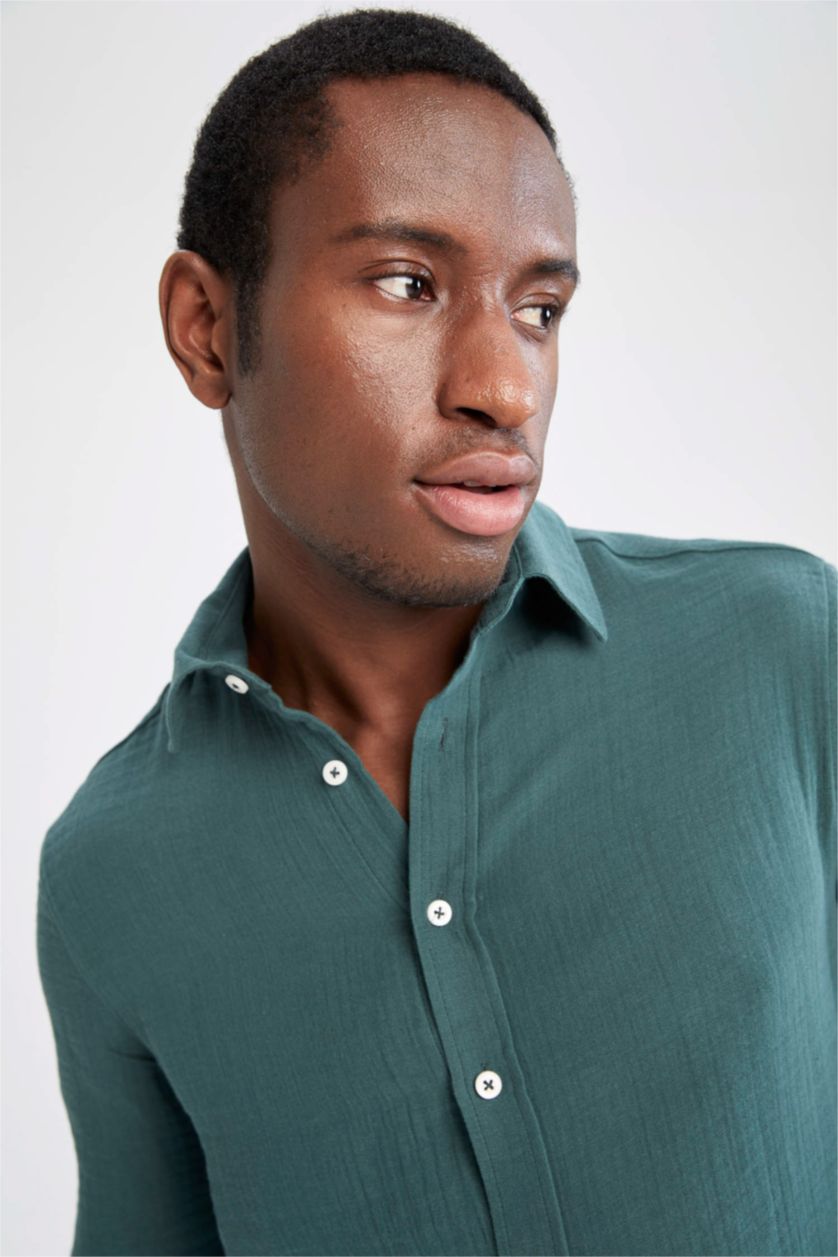 رجالي أخضر غامق Modern Fit Long Sleeve Shirt