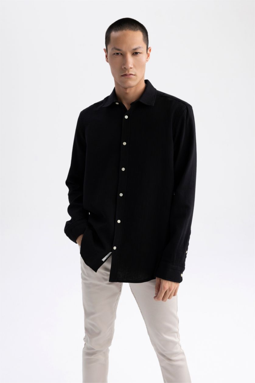 HOMME Noir Chemise en coton à manches longues et à Col Polo Coupe moderne